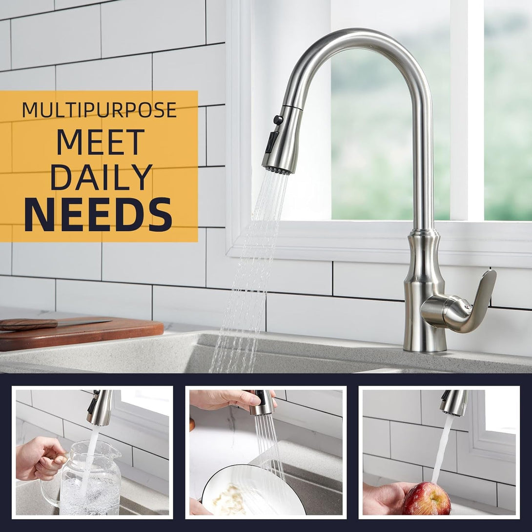 Angle Simple Kitchen Faucet Head Replacement, Sink Faucet Sprayer Attachment, Stream Spray and Pause Mode, Brushed Nickel