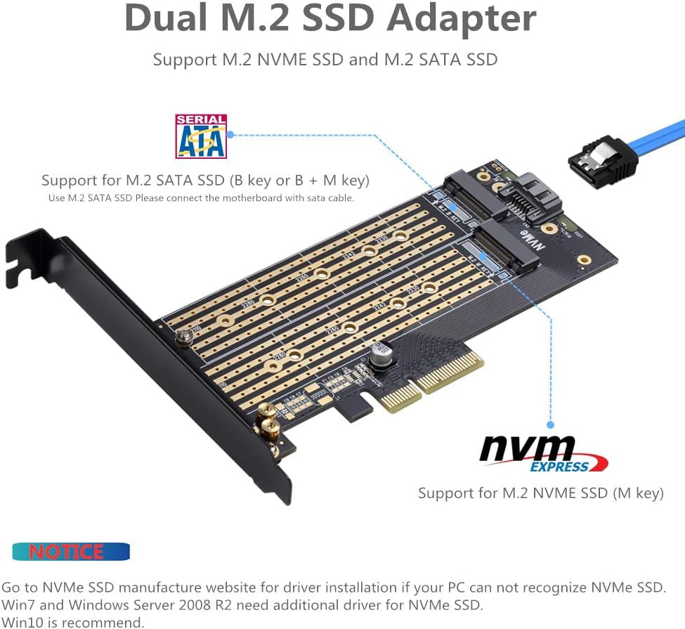 Dual M.2 PCIE Adapter for SATA or PCIE Nvme SSD with Advanced Heat Sink Solution,M.2 SSD NVME (M Key) and SATA (B Key) 22110 2280 2260 2242 2230 to Pci-E X 4 Host Controller Expansion Card