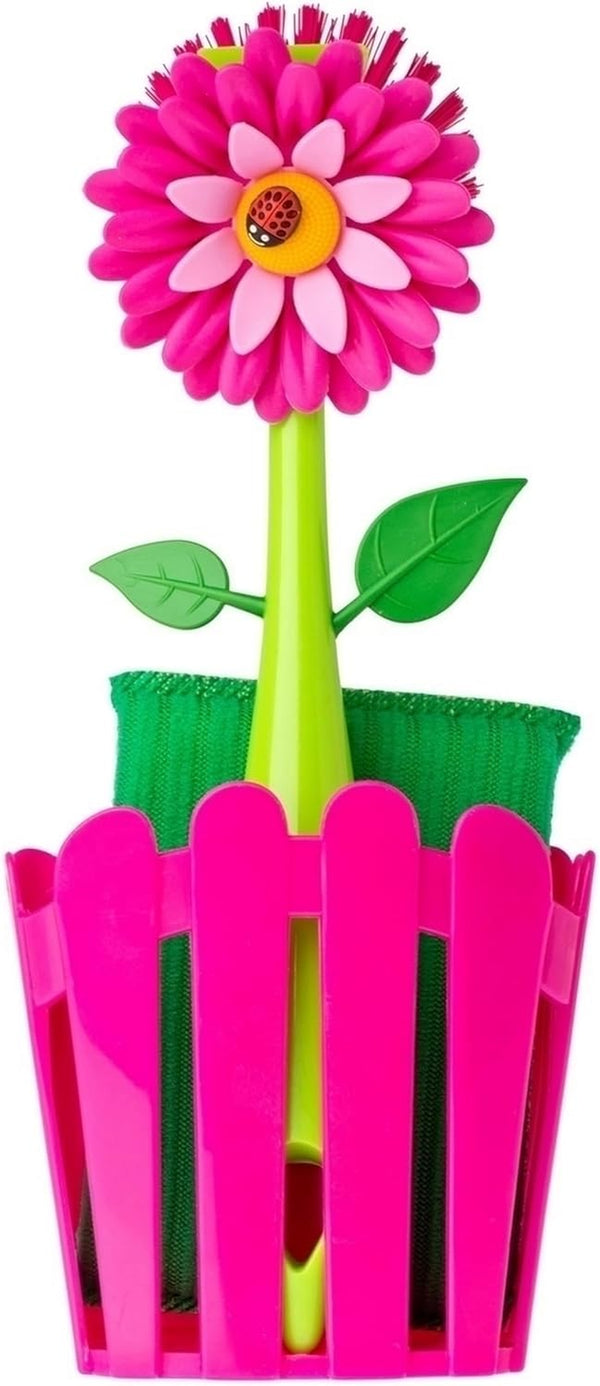 Vigar Flower Power 3-In-1 Kitchen Sink Caddy Set, Flower-Shaped Dish Brush, Sponge, Fence-Shaped Holder and Suction Cup, Ideal Sink Organizer, Pink