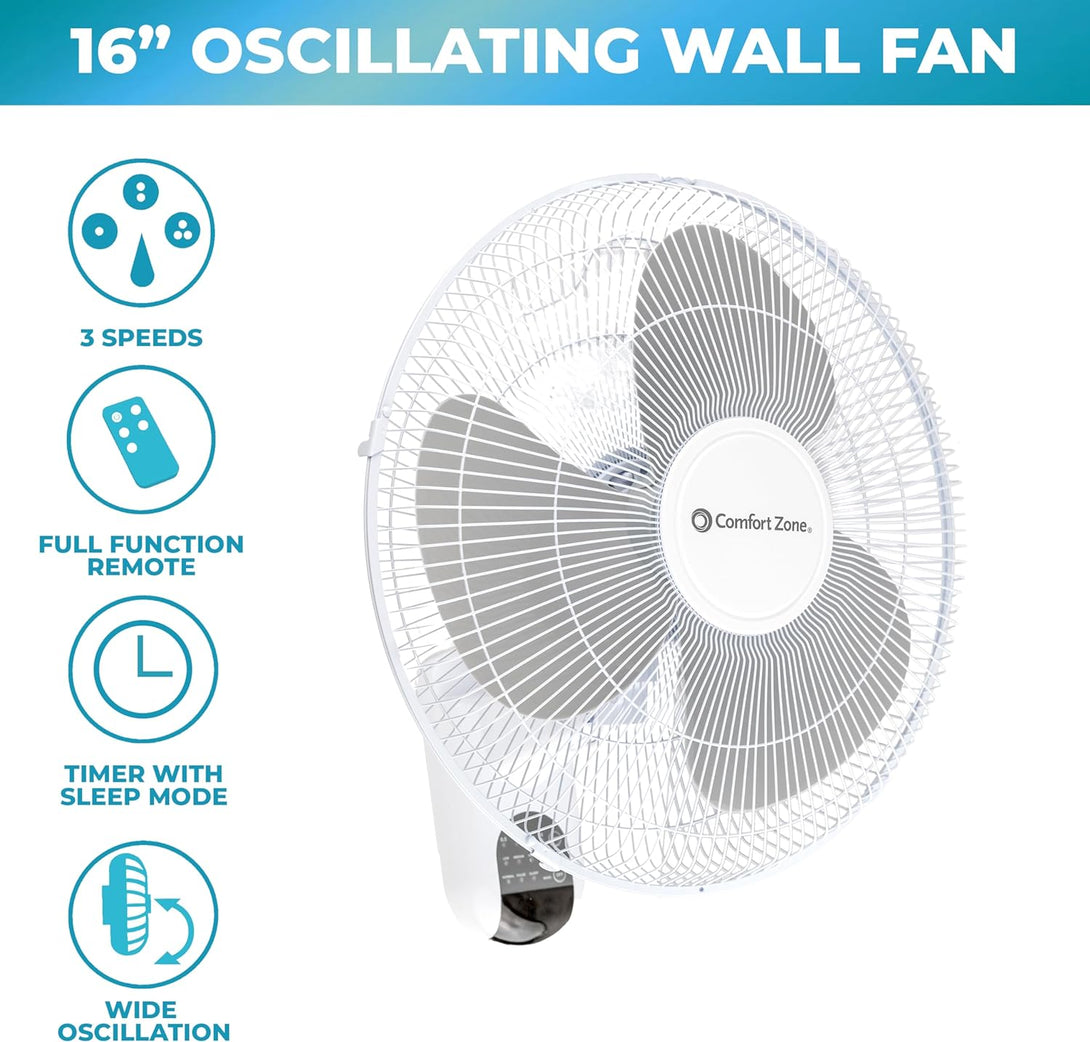 Comfort Zone 16" Quiet 3-Speed Wall Mount Fan with Remote Control, Timer and Adjustable Tilt, Ideal for Home, Bedroom, Gym & Office, CZ16WR