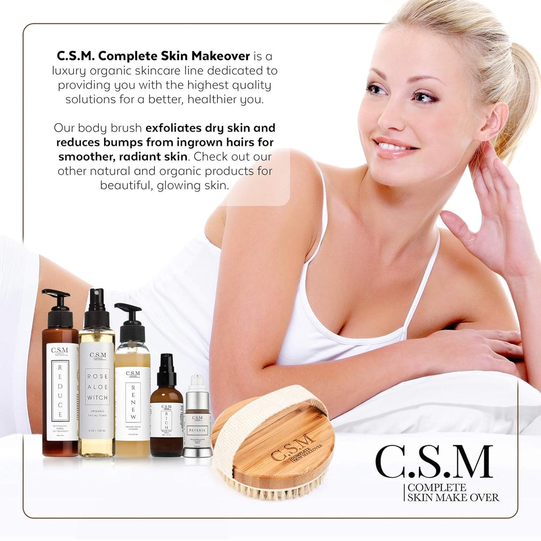 CSM Dry Body Brush - Natural Bristle Exfoliating Brush for Skin Renewal, Lymphatic Support and Circulation Boost - Sustainable Choice Dry Brushing Tool for Gentle Detox, Spa-Like Exfoliation