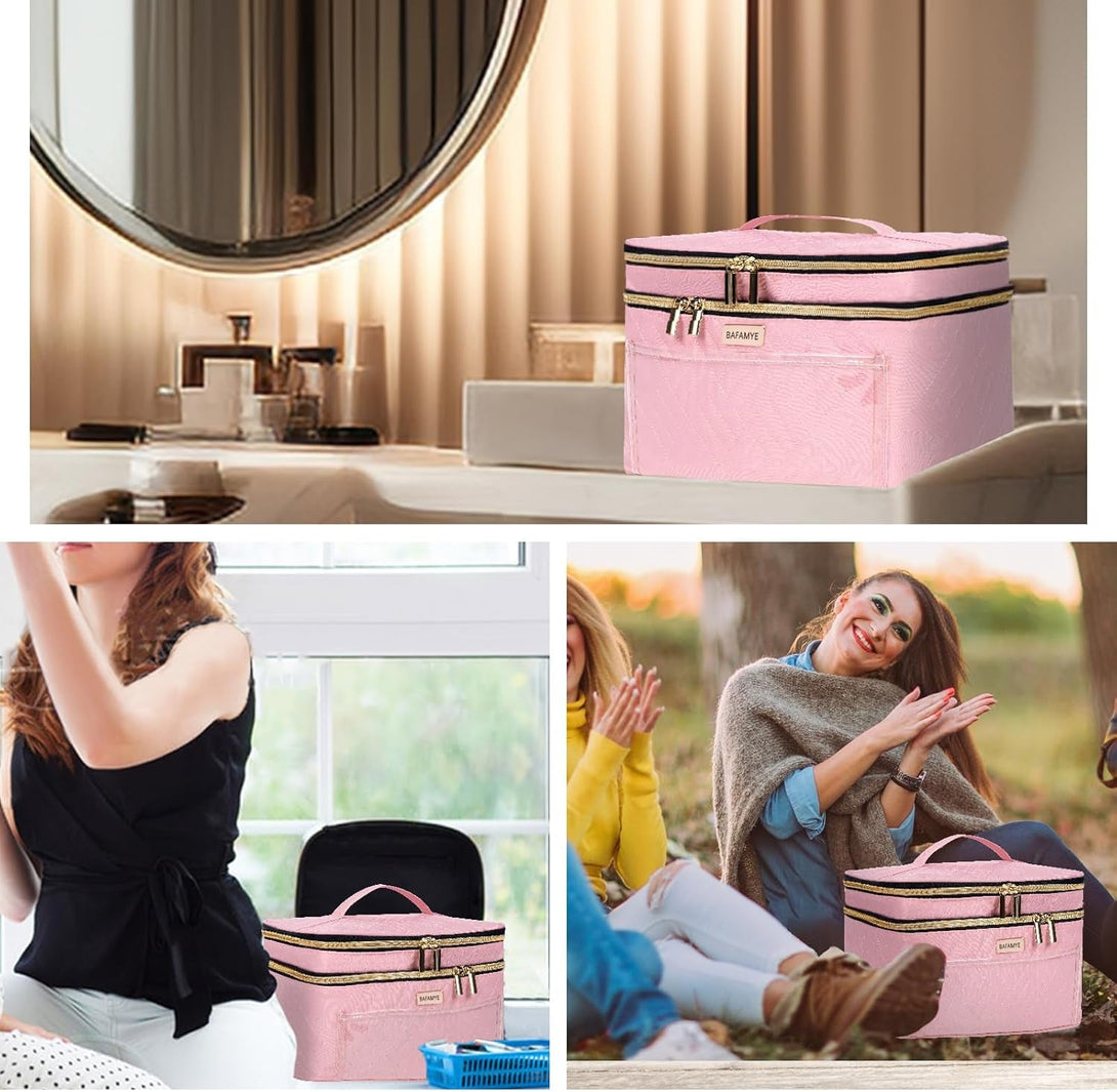 8.8L Double Layer Travel Makeup Bag Women, Large Cosmetic Case, Organizer for Travel-Size Accessories Bottles, Brushes, and Skin Care Products, Pink 2.33 GAL