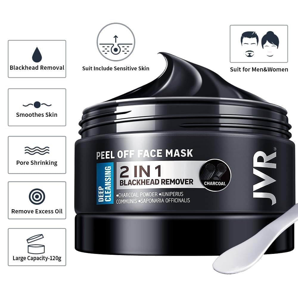 JVR Peel off Face Mask, Blackhead Remover Mask for Men, Charcoal Peel off Black Mask, Facial Mask Purifying and Deep Cleansing for All Skin Types 4.23 OZ