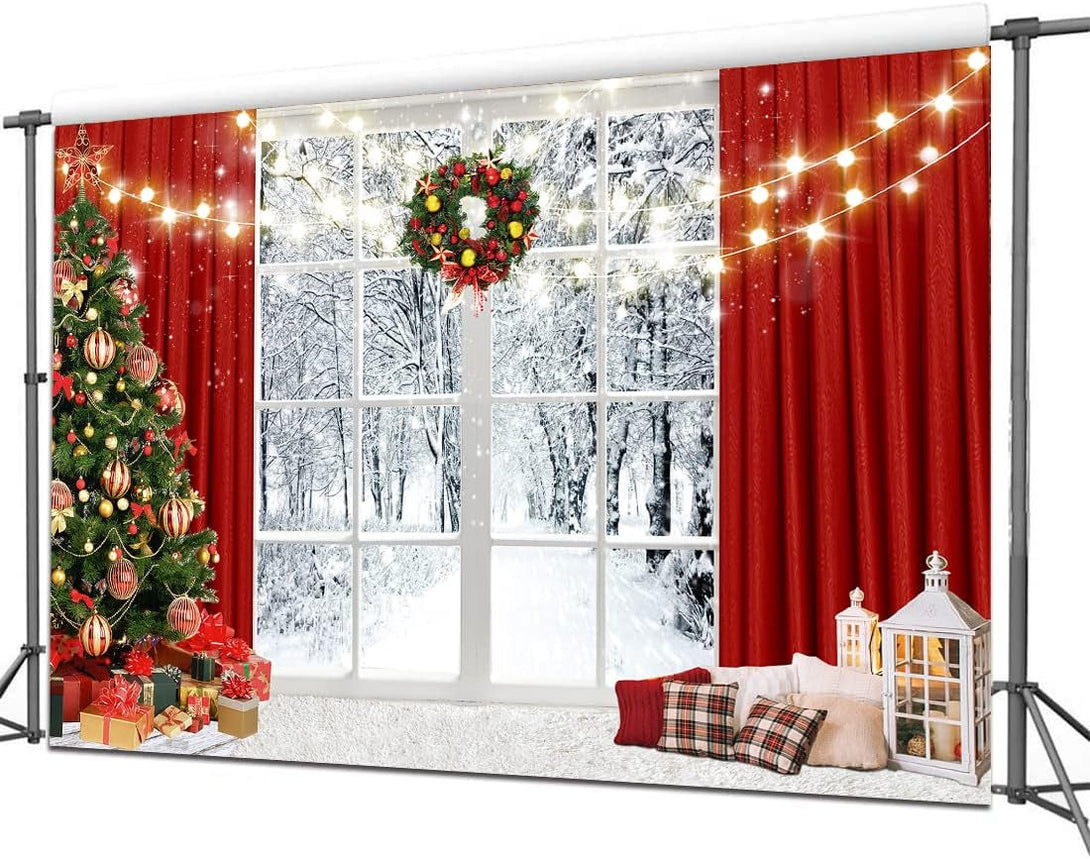 CYLYH 7X5Ft Christmas Window Backdrop for Photography Winter Snow Scene Xmas Party Decorations Background Christmas Festival Party Banner Backdrop