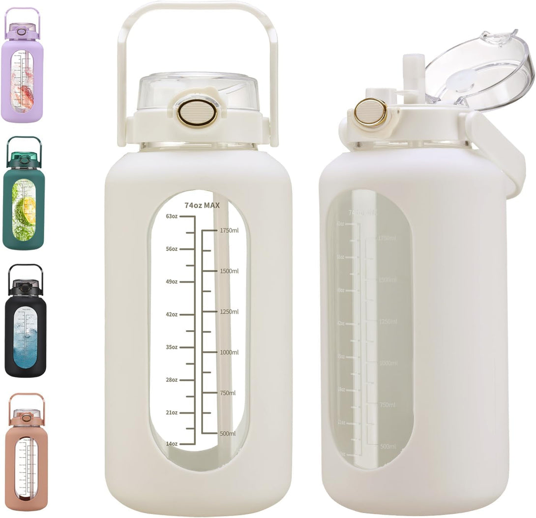 74 Oz Glass Water Bolttles with Straw Large Motivational Water Bottle with Time Marker Sports Water Bottles with Silicone Sleeve and Handle Lid 2.2L Water Jug for Gym Workout