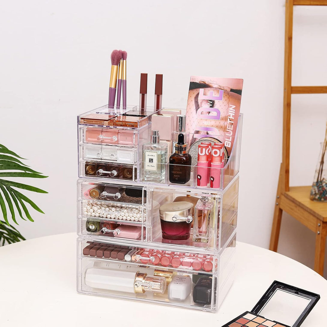 Cq Acrylic Makeup Organizer with 9 Drawers,Large Capacity Countertop Organizer for Vanity,Bathroom and Bedroom Desk Cosmetics Organizer for Skin Care,Brushes, Eyeshadow, Lotions, Lipstick, Nail Polish