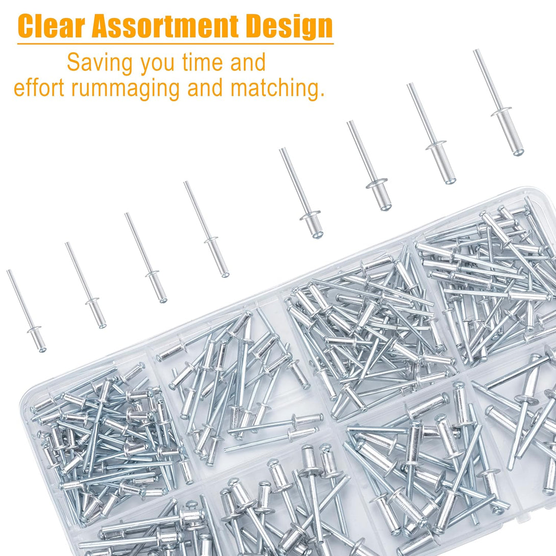 KURUI Pop Rivets Assortment Kit, 190Pcs Aluminum Rivets Set in 8 Sizes 1/8*1/4", 1/8*5/16", 1/8*3/8", 1/8*1/2", 3/16*1/4", 3/16*5/16", 3/16*1/2", 3/16*5/8", Blind Rivets for Metal with Organizer