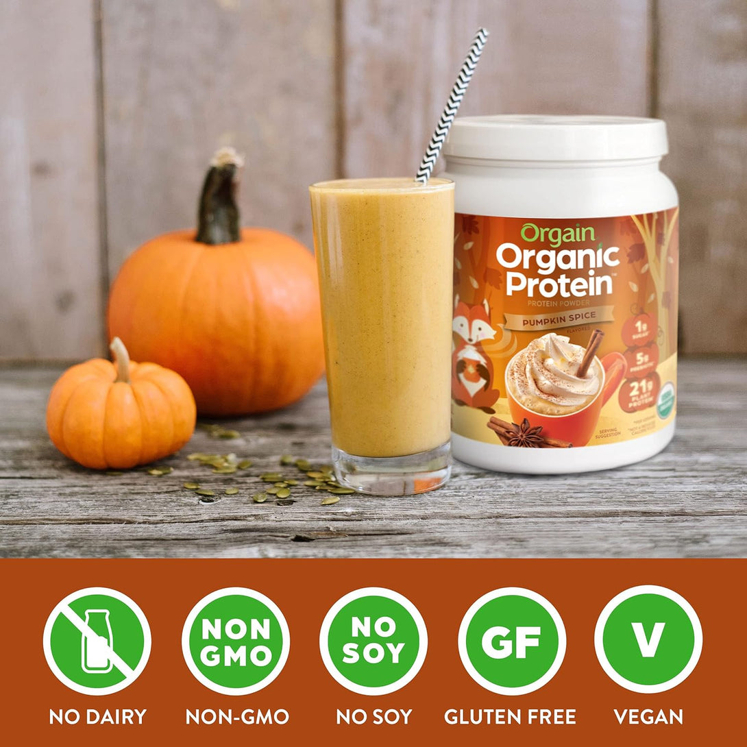 Orgain Organic Vegan Protein Powder, Pumpkin Spice Seasonal Flavor - 21G of Plant Protein, 5G Prebiotic Fiber, No Lactose Ingredients, No Added Sugar, Non-Gmo, for Shakes & Smoothies, 1.02 Lb