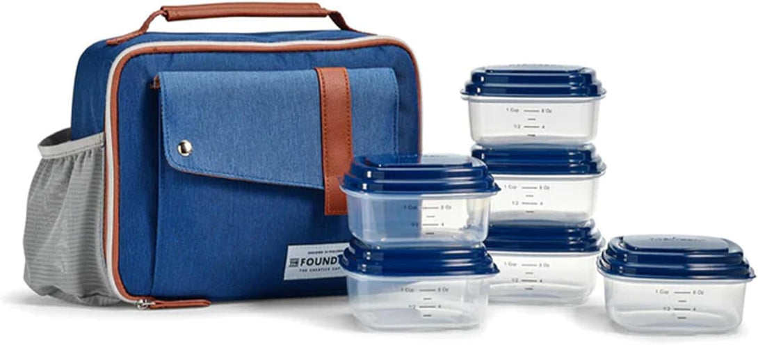 Fit & Fresh Foundry, Gaspee Adult Insulated Lunch Bag with Side & Front Pouches, Complete Lunch Kit Includes 6 Containers, Denim