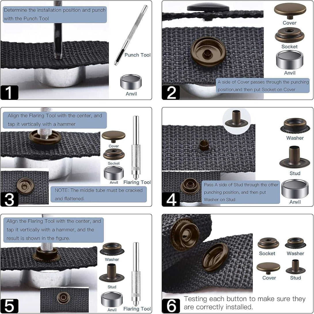 72 Pieces 15MM Snap Fastener Kit Tool Snap Button Kit Snaps for Leather Leather Snaps and Fasteners Kit for Leather Marine Grade Stainless Steel Snaps for Bag, Jeans, Clothes, Fabric