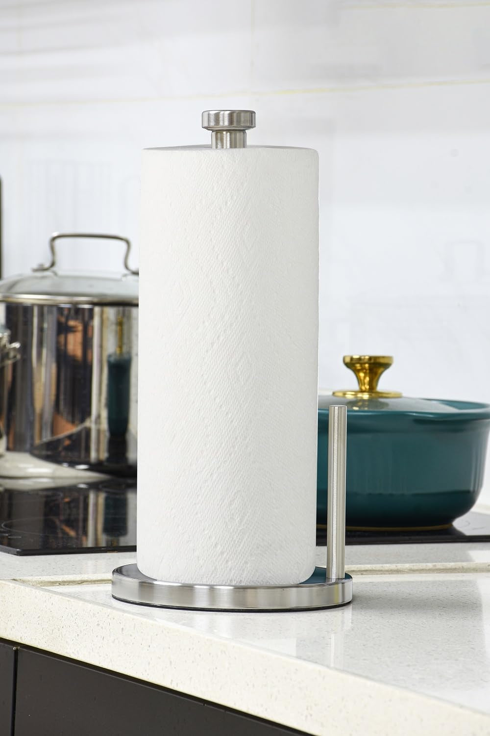 Paper Towel Holder with Side Rod, Stainless Steel, Easy Tear Dispenser for Home Kitchen Countertop Tabletop (Silver)