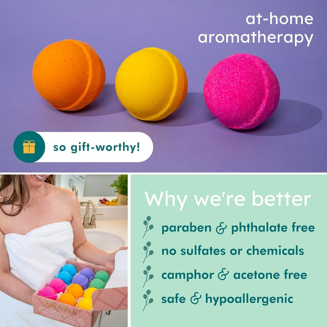 Anovina 12XL Bath Bombs Gift Set USA Made with Natural Essential Oils for Women & Kids – Aromatherapy Holiday Gifts Ideas. Mothers Day Gift Idea. Bath Bombs Gifts for Women Men and Kids