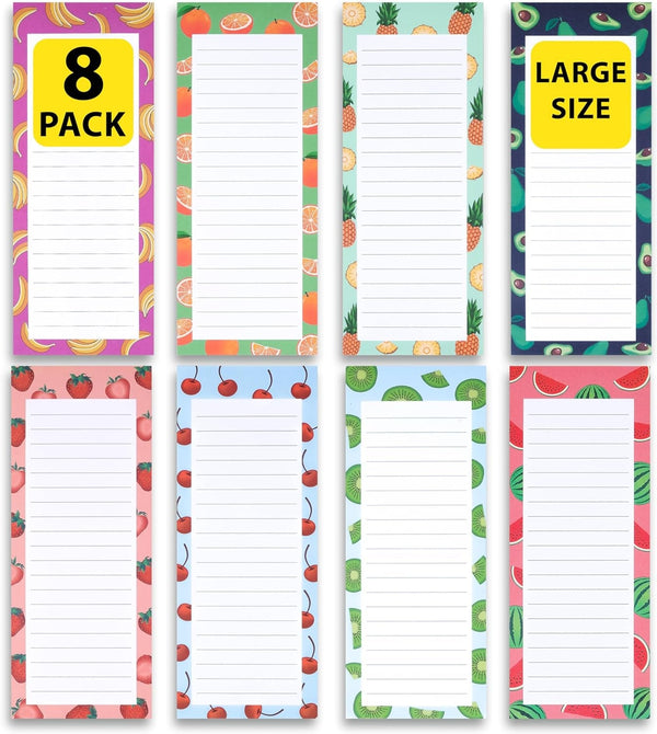 8 Large Magnetic Notepads â€“ Big Notepads for Grocery List, Shopping List, To-Do List, Reminders -Strong Magnetic Back- Memo Pads with Realistic Fruit Designs | 60 Sheets per Pad 9 X 3.5 Inch (8 Pack)