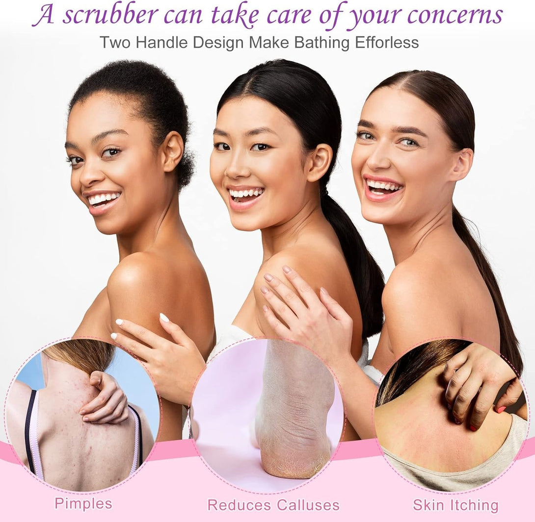 Moukeren Exfoliating Back Scrubber with Handles 4 Pack Nylon Back Exfoliator Extended Length Washers Scrubbers Stretchable Pull Strap Exfoliating Washcloth(Pink, Purple)