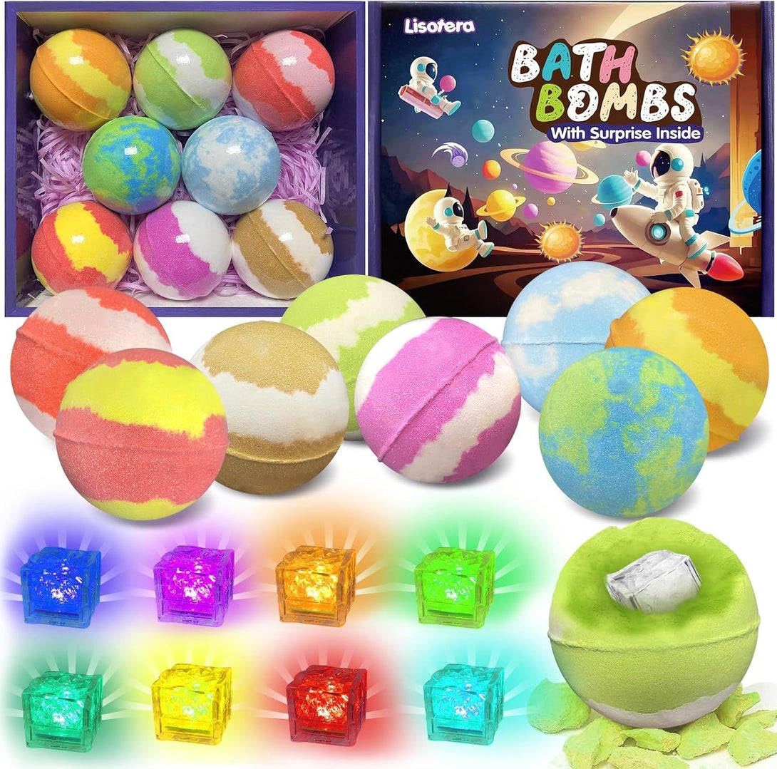 Bath Bombs for Kids with Toys Inside, 8 Light up Bath Bomb of Solar System Set, Planet Bath Bomb with Surprise Inside, Kid-Friendly Bubble Bath Fizzies Gifts for Boys Girls
