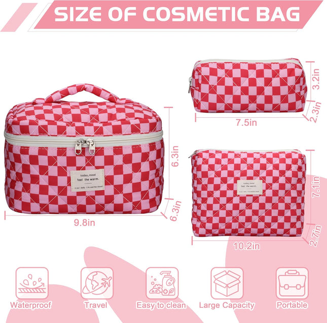 Quilted Makeup Bag Set - 3 PCS Cute Floral Cotton Makeup Bag, Large Coquette Aes
