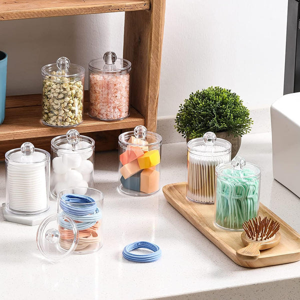 Qtip Holder Dispenser for Cotton Ball, Swab, round Pads - 10 Oz Clear Plastic Apothecary Jar Set for Bathroom Storage, Vanity Organizer