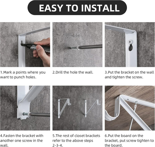 Heavy Duty Closet Shelf Rod Brackets 11x9.5in, Wall Mounted 250lbs Capacity | 10 Pack Steel Shelf Brackets with Rod Support for Hanging Clothes,