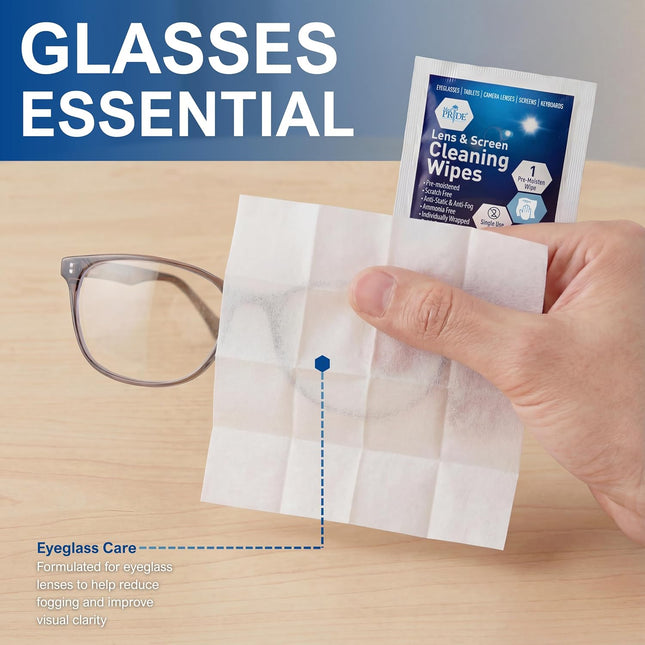 MED PRIDE 100 Pre-Moistened Anti-Fog Lens and Screen Cleaning Wipes for Eyeglasses, Touchscreens, Camera Lenses; Quick-D