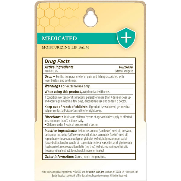Burt'S Bees Medicated Lip Balm, with Eucalyptus Oil and Menthol, Tint-Free, Natural Origin Lip Care, 2 Tubes, 0.15 Oz.