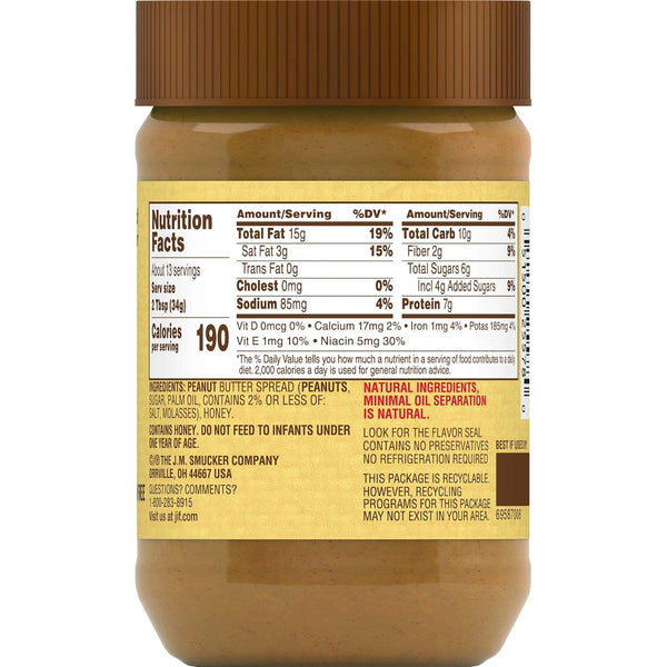 Jif Natural Creamy Peanut Butter Spread and Honey, 16 Oz. Jar | 7g protein per serving, 7% DV, See nutrition information for fat and saturated fat