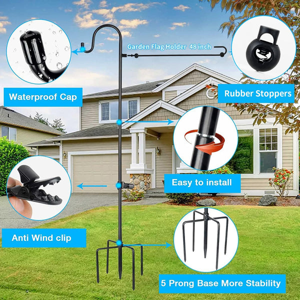 Garden Flag Holder Stand and Shepherds Hooks, 48 Inch Height with 1/2 Thick Metal Pole-Outdoor Lawn Yard Stake for Small 12x18, Solar Lights-Mini