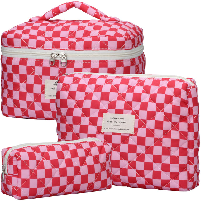 Quilted Makeup Bag Set - 3 PCS Cute Floral Cotton Makeup Bag, Large Coquette Aes