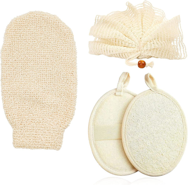 Loofah Exfoliating Body Scrubber Pack - Ramie Shower Pouf, Natural Bath Sponge, Women Bathing Sponges for Exfoliation, Organic Washing Glove, Soft