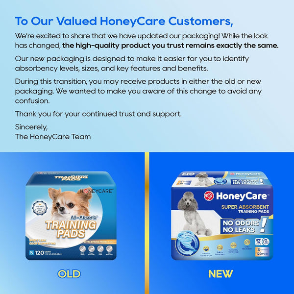 Honey Care All-Absorb, Small 17.5" X 23.5", 120 Count, Dog and Puppy Training Pads, Ultra Absorbent and Odor Eliminating, Leak-Proof 5-Layer Potty