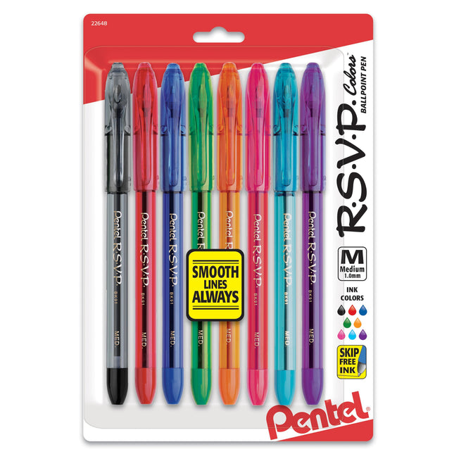 Pentel RSVP Ballpoint Pen, (1.0Mm), Medium Line, Assorted Ink, Pack of 8 (BK91CR