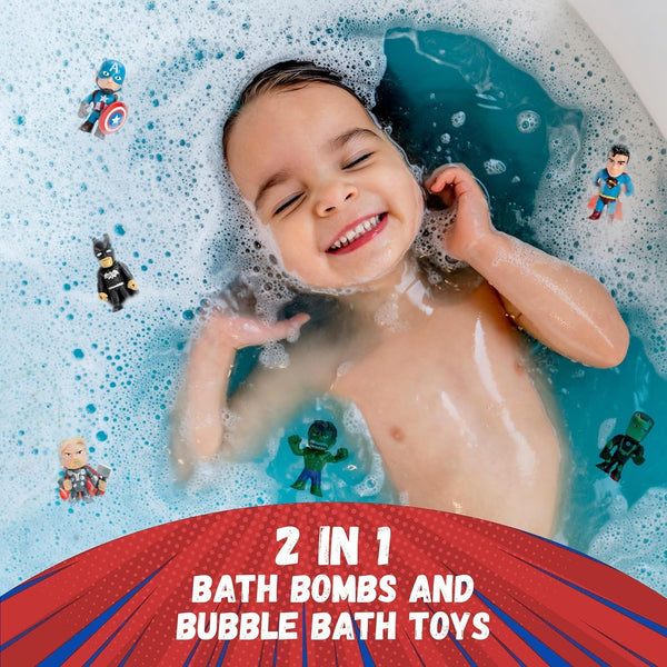Superhero Bath Bombs for Kids with Surprise Toys inside (6 Pack) - Large Bubble Bomb Fizzies for Boys, Girls, & Toddlers - Fruity Scents, Relaxing