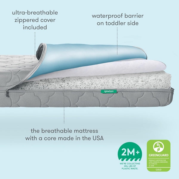 Newton Baby Waterproof Crib Mattress, Breathable & Washable - Grey