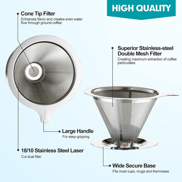 Laiyeoy Pour Over Coffee Dripper, Slow Drip Paperless Coffee Filter, Stainless Steel Pour Over Coffee Maker for Single Cup Brew, Double Mesh