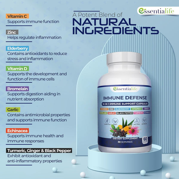 Immune Support Supplement 10 in 1 Elderberry, Echinacea, Vitamin D, Vitamin C 1000mg & Zinc Supplement - Take Charge of Your Health with Immune