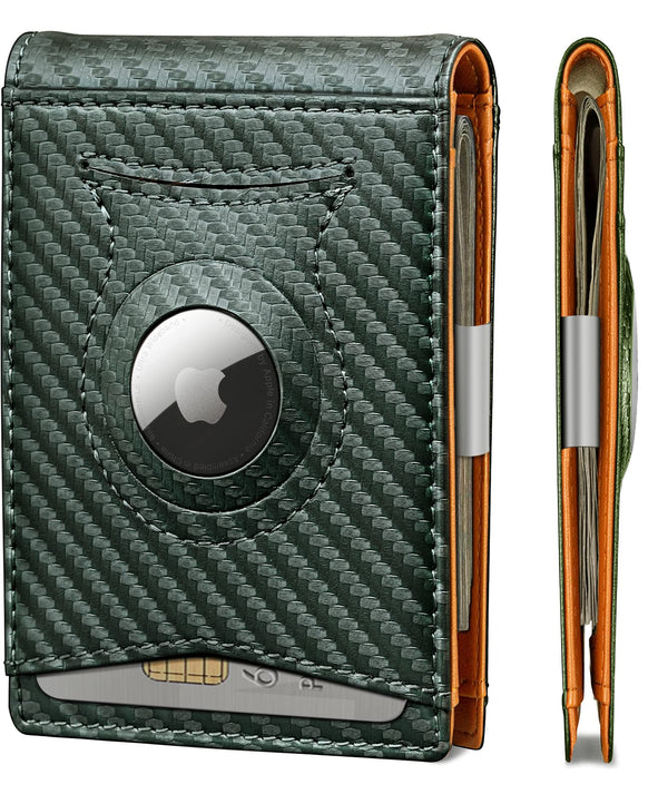KS Mens Wallet Gift Airtag or Standard Use,Slim Front Pocket Leather Wallet Money Clip 11 cards RFID Blocking Carbon Fiber Leather Dark Green2832