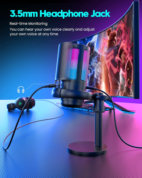 Gaming Microphone, USB PC Mic for Podcasts Videos, Streaming, Condenser Mic with Quick Mute, Tripod Stand, Pop Filter, RGB Indicator, Shock Mount,
