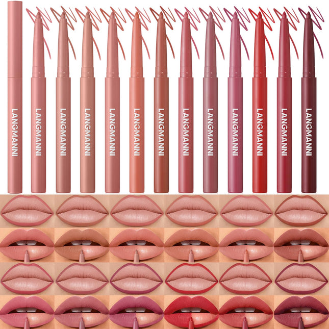 LANGMANNI 12 Colors Sculpting Matte Velvet Lip Liner Set,Smooth Creamy Texture,W