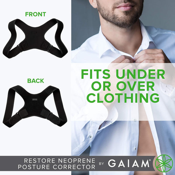 Gaiam Restore Posture Corrector for Women & Men - Back Straightener Adjustable Straps Compact Brace Support for Clavicle, Neck, Shoulder,