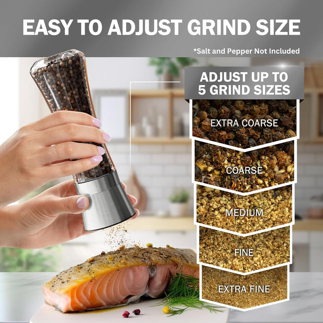 Home EC Premium Stainless Steel Sea Salt and Pepper Grinder Set of 2 - Adjustable Ceramic - Tall Glass Salt and Pepper S