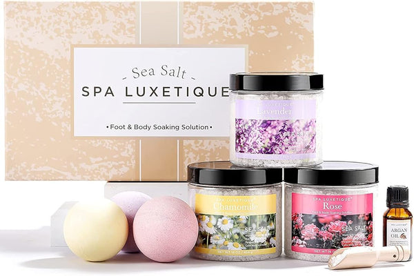 Spa Luxetique Bath Salts, 8Pcs Bath Salts Gift Set with Argan Oil, Bath Bombs, Wooden Scoop, Epsom Salt for Soaking in Lavender, Rose, Chamomile
