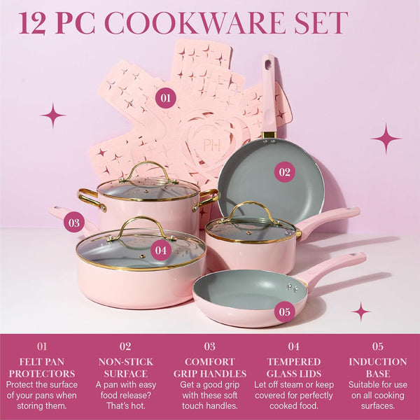 Paris Hilton Epic Nonstick Pots and Pans Set, Multi-layer Nonstick Coating, Tempered Glass Lids, Soft Touch, Stay Cool Handles, Made without PFOA,