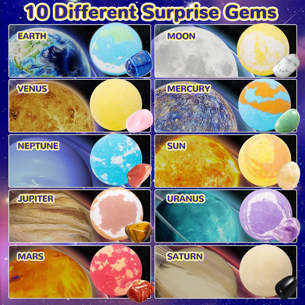 10 Pack Galaxy Bath Bombs for Kids with Surprise Toys Inside Organic Bubble Bath Bombs with Solar System Gemstones Easter Christmas Birthday Gift