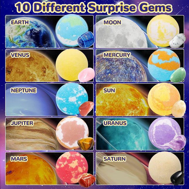 10 Pack Galaxy Bath Bombs for Kids with Surprise Toys Inside Organic Bubble Bath Bombs with Solar System Gemstones Easter Christmas Birthday Gift