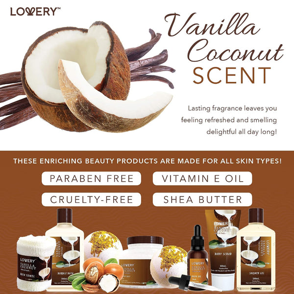 Gifts For Women Gift Basket for Women– 9 Piece Set of Vanilla Coconut Home Spa Set, Luxurious Gifts for Her, Bath and Body Sets Includes Fragrant