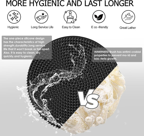 INNERNEED Food-Grade Soft Silicone Body Scrubber Shower Brush, Black+Gray | Handheld Cleansing Skin Brush, Gentle Exfoliating and Lather Well,
