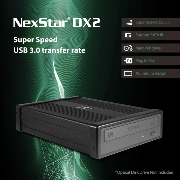 NexStar DX2 USB 3.0 External Enclosure, Design for 5.25" Blu-Ray/CD/DVD SATA Drive, 2nd Gen DX, Aluminum Alloy, fit Any Depth Optical Drive, TAA