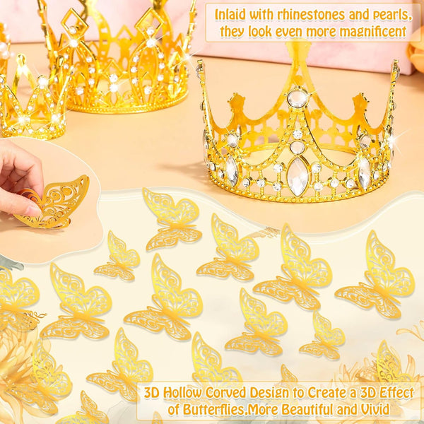 cridoz Gold Crowns for Flower Bouquets, Flower Bouquet Accessories Including 4 Pcs Bouquet Crown, 12 Pcs Butterfly Decorations and 50 Pcs Flower
