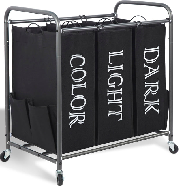 STORAGE MANIAC 3 Section Laundry Sorter, 3 Bag Laundry Hamper Cart with Heavy Duty Rolling Lockable Wheels and Removable