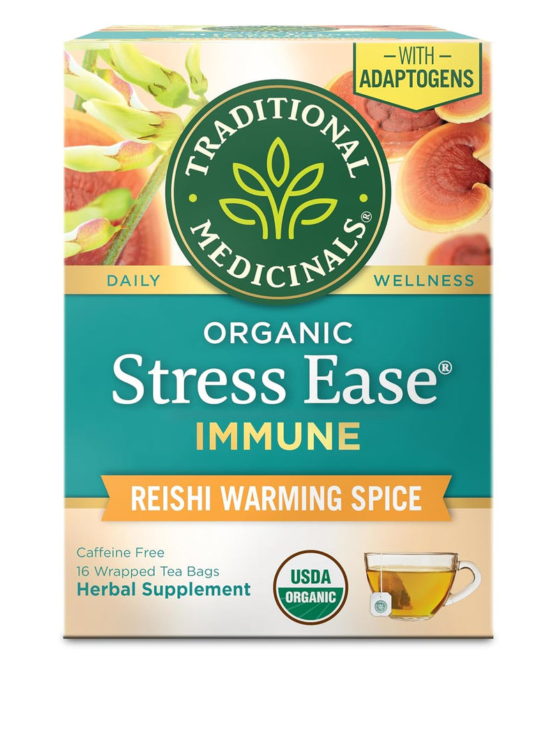 Traditional Medicinals Tea, Organic Stress Ease Immune with Adaptogens, Everyday Immune Support, Reishi Warming Spice, 16 Tea Bags