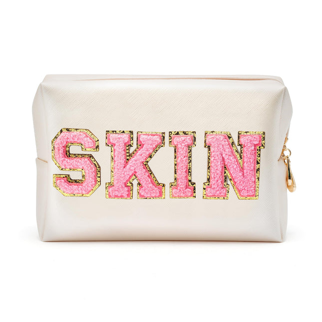 Y1Tvei 2Pcs Preppy Patch SKIN BATH Varsity Letter Cosmetic Toiletry Bag Pink Let